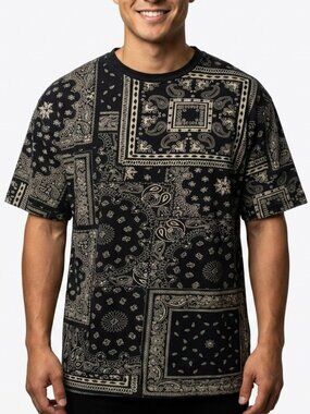 Maison Article Bandana Paisley T-Shirt Black All Over Print Streetwear XXL